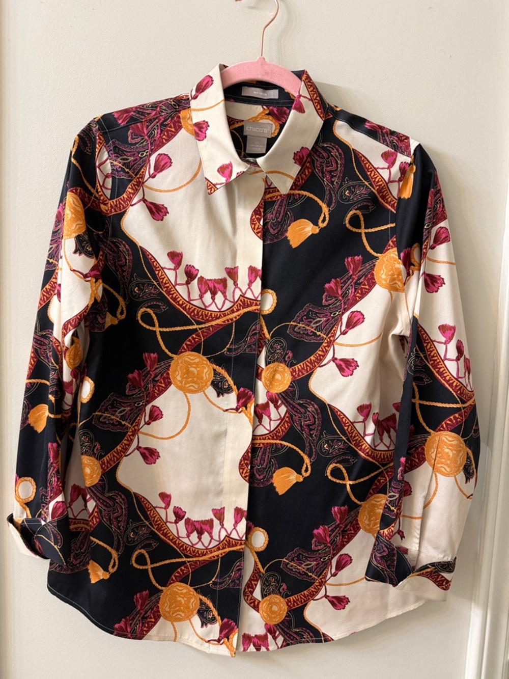 Chico's Black, Cream, Gold & Pink Patterned Button-Up Shirt
